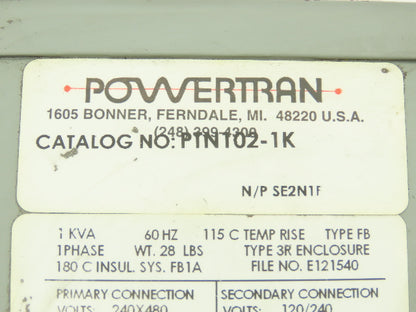 Powertrain PTN102-1K Industrial Transformer 1KVA Pri 240/480V Sec 120/240V 1PH