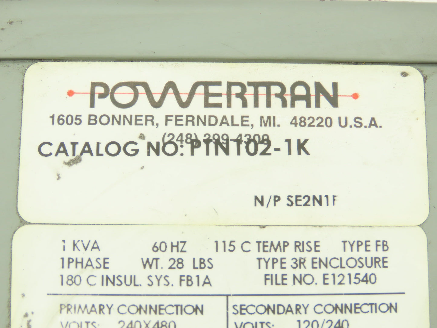 Powertrain PTN102-1K Industrial Transformer 1KVA Pri 240/480V Sec 120/240V 1PH