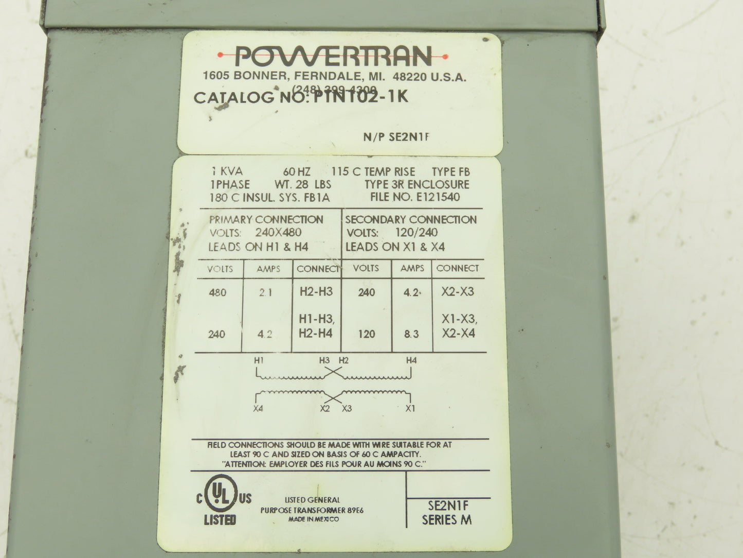Powertrain PTN102-1K Industrial Transformer 1KVA Pri 240/480V Sec 120/240V 1PH