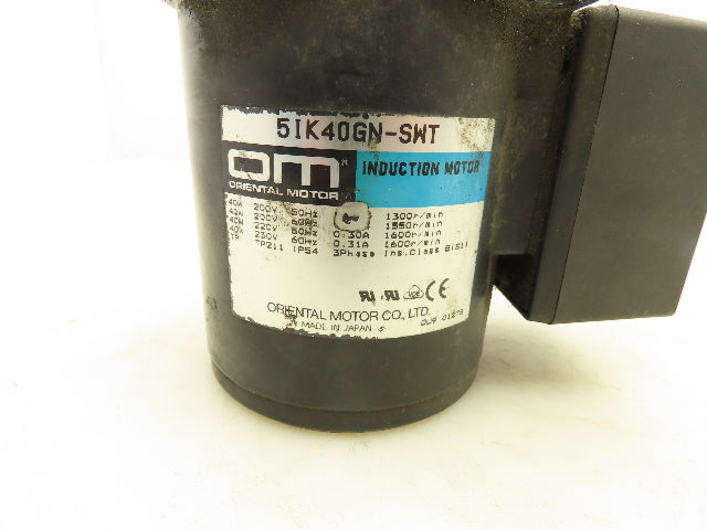 Oriental 5IK40GN-SWT Induction Motor Gear Head 40W 1600RPM 230V 3PH Pinion Shaft