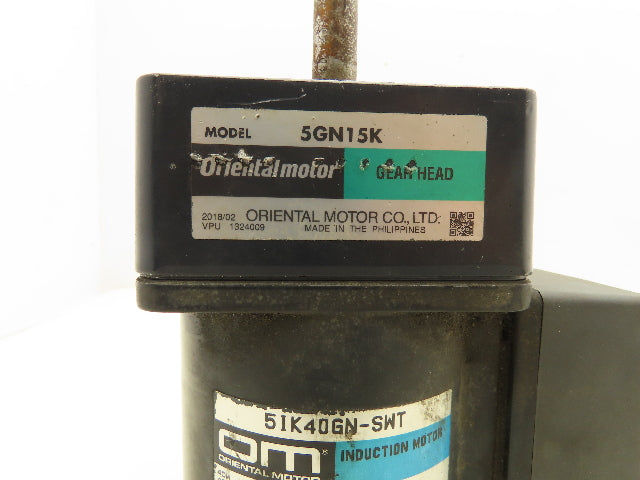 Oriental 5IK40GN-SWT Induction Motor Gear Head 40W 1600RPM 230V 3PH Pinion Shaft