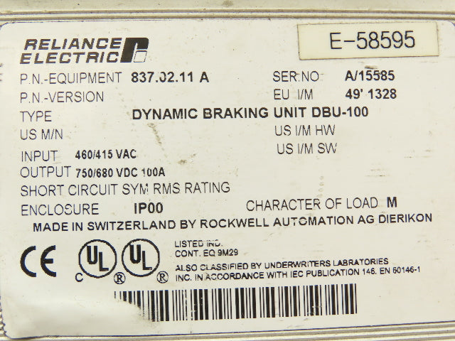 Reliance Electric 837.02.11A DBU-100 Dynamic Braking Unit 415/480V