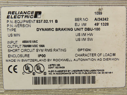 Reliance Electric 837.02.11B DBU-100 Dynamic Braking Unit 415/480V