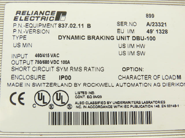 Reliance Electric 837.02.11B DBU-100 Dynamic Braking Unit 415/480V