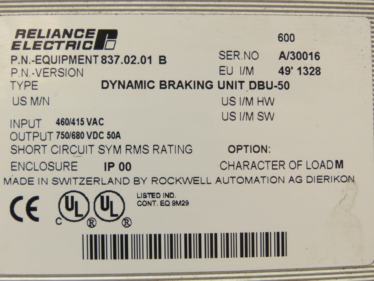 Reliance Electric 837.02.01B DBU-50 Dynamic Braking Unit 415/480V
