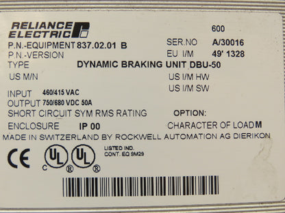 Reliance Electric 837.02.01B DBU-50 Dynamic Braking Unit 415/480V