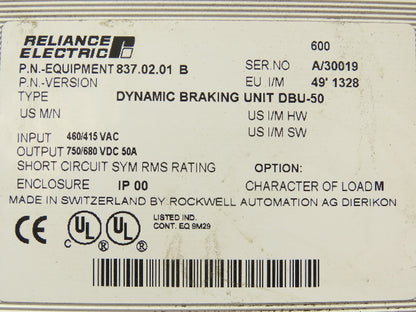 Reliance Electric 837.02.01B DBU-50 Dynamic Braking Unit 415/480V
