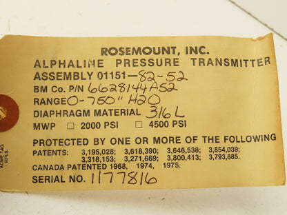 Rosemount 6628144A52 Alphaline Pressure Transmitter 0-750" H2O Range