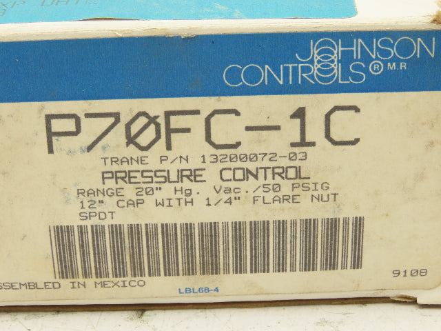 Johnson Controls P70FC-1C Pressure Control Range 20"Hg Vac/50 PSIG