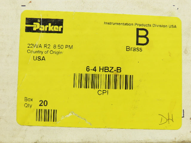 Parker 6-4 HBZ-B Brass Reducing Union 1/4" Tube x 3/8" Tube Box OF 20