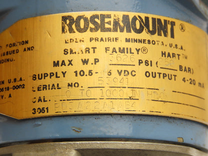 Rosemount 3051 Pressure Sensor Transmitter 0-1000" H20 3626PSI