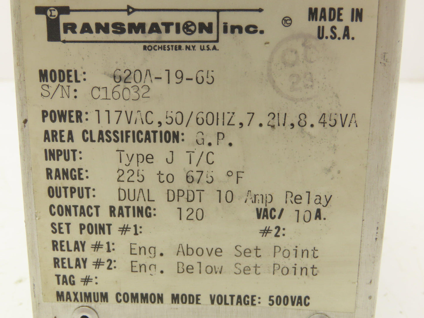 Transmation 620A-19-65 Alarm Relay Module 117V 50/60Hz