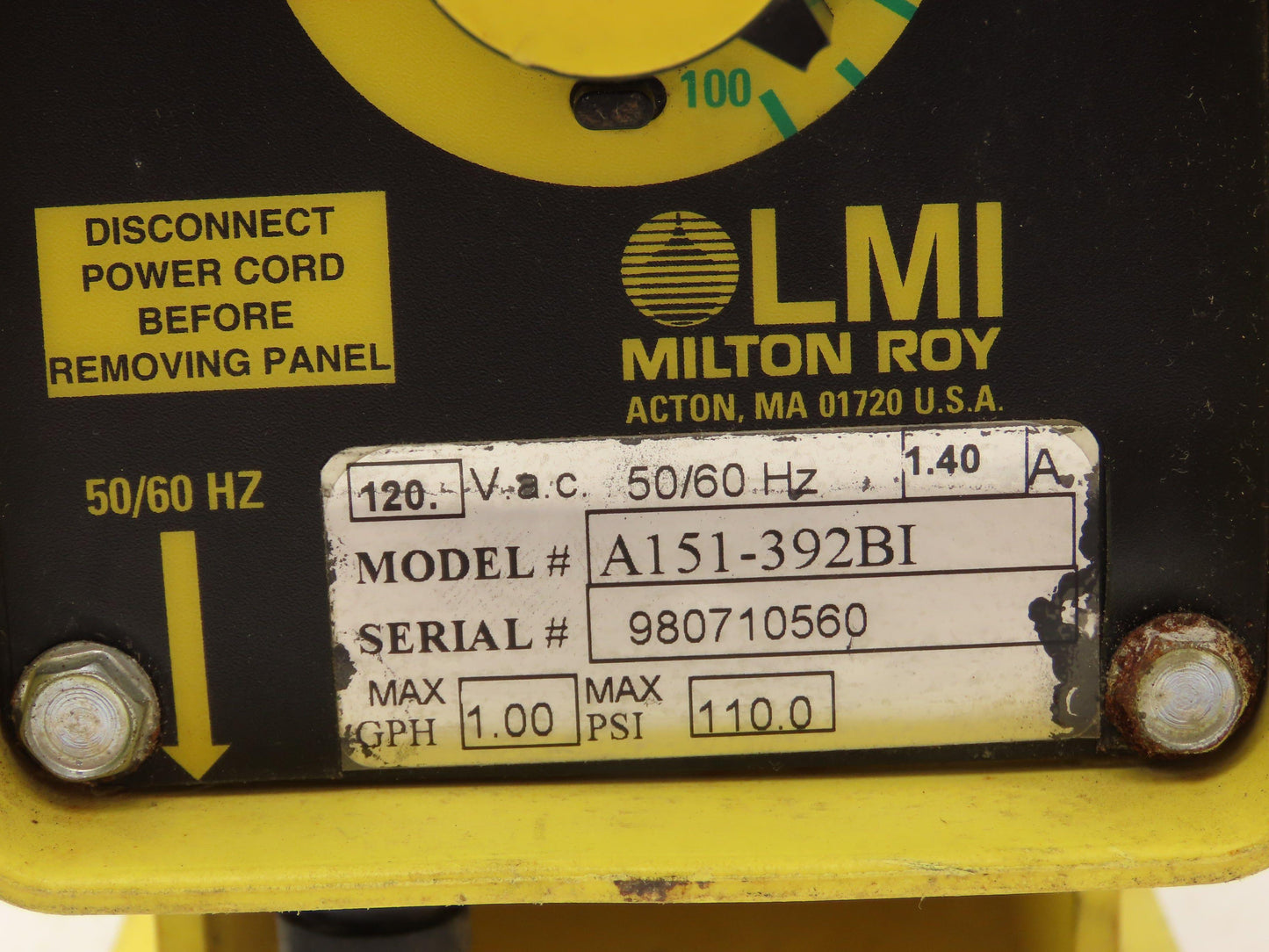 LMI Milton Roy A151-392BI Electromagnetic Dosing Pump 110 PSI 1 GPH 120V 1.40A