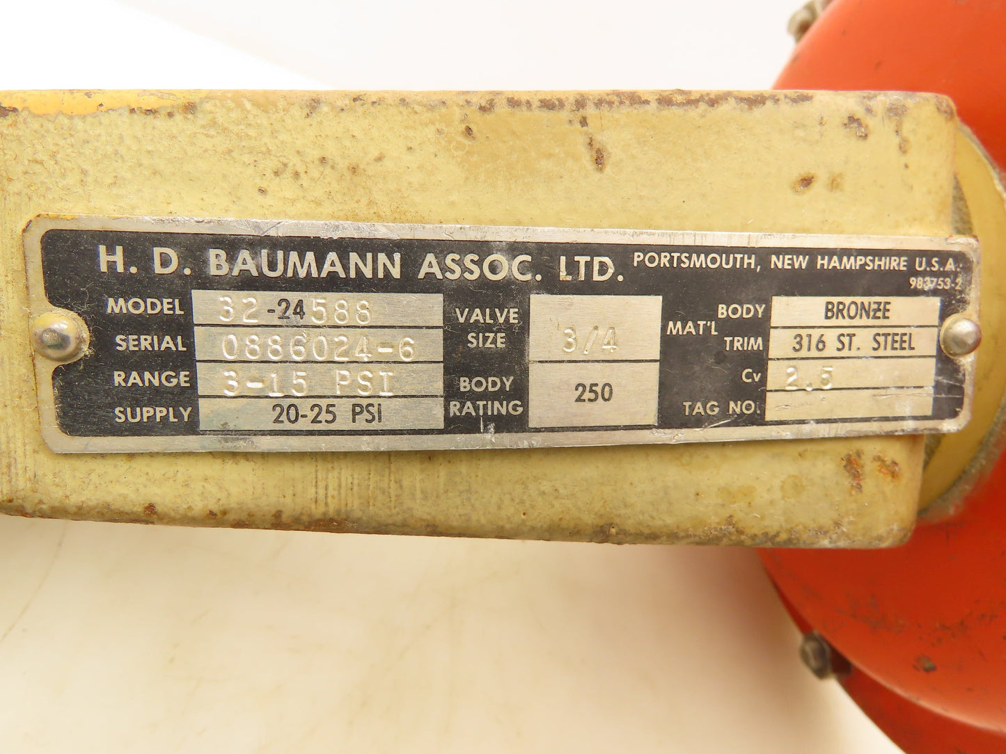 H.D. Baumann 32-24 588 Pneumatic Diaphragm Control Valve 1/2" Threaded Bronze
