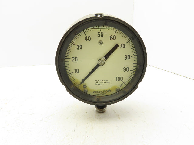 Ashcroft Pressure Gauge 0-100 Psi 4.5" Face 1/2"NPT 316 Tube 316 Socket