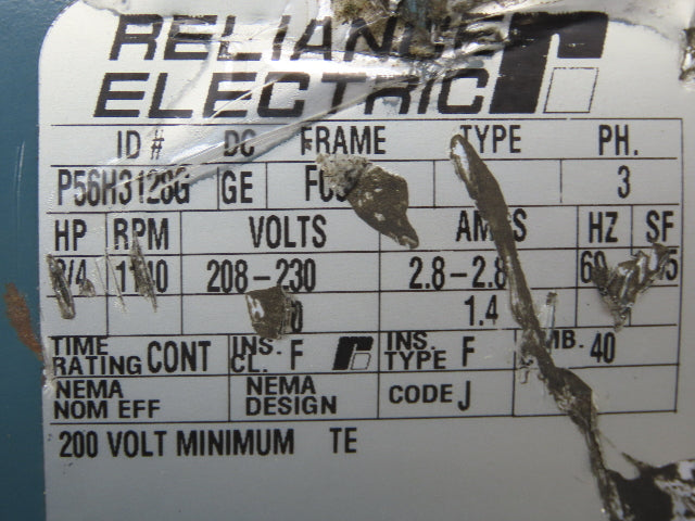 Reliance P56H3128G AC Electric Motor 3/4HP 1140 RPM 208-230V 3PH FC56C