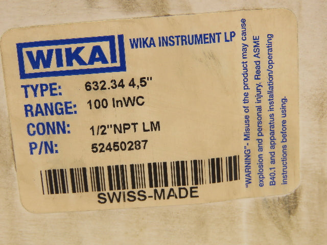 Wika 632.344,5" Pressure Guage 5" 0-100Psi 1/2" NPT 100" WC