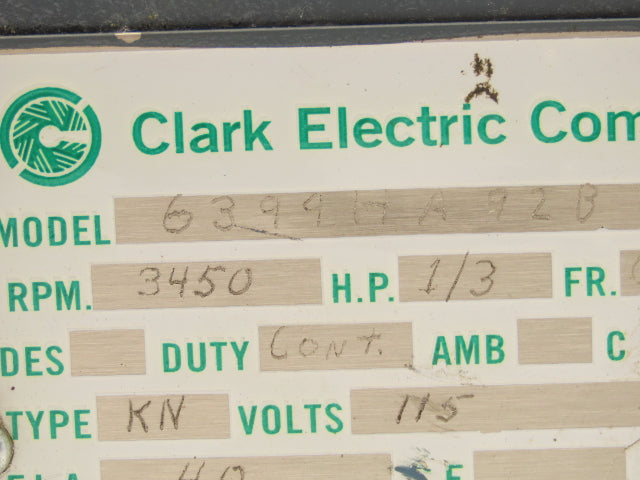 Clark 6399HA92B Electric Motor 1/3HP 3450 RPM 115V