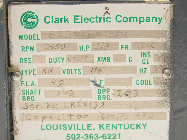 Clark 6399HA92B Electric Motor 1/3HP 3450 RPM 115V