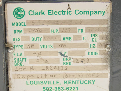 Clark 6399HA92B Electric Motor 1/3HP 3450 RPM 115V