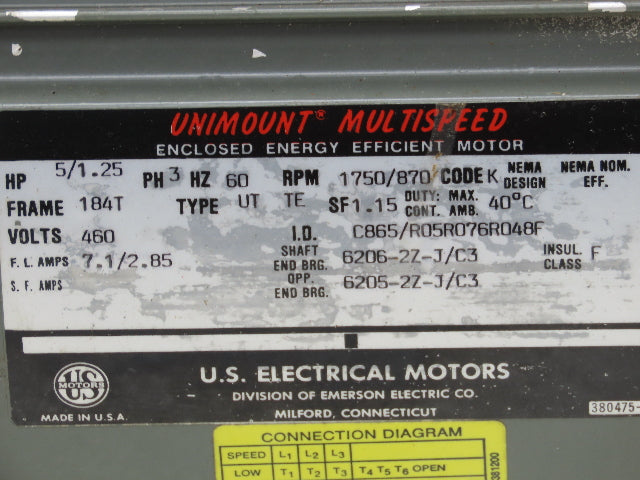 Unimount Multispeed C865/R05R076R048F Electric Motor 5HP 1750 RPM 3PH 460V 184T