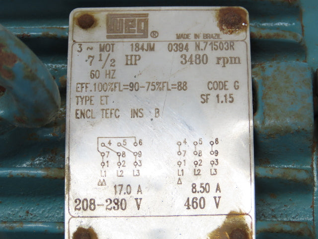 Weg Electrical Motor 7-1/2HP 3480 RPM 3PH 230/460V 184JM