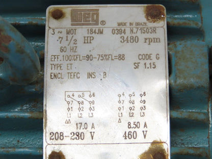 Weg Electrical Motor 7-1/2HP 3480 RPM 3PH 230/460V 184JM