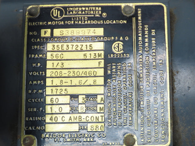 Baldor 35E372Z15 Electric Motor 1/3HP 1725 RPM 3PH 230/460V 56C