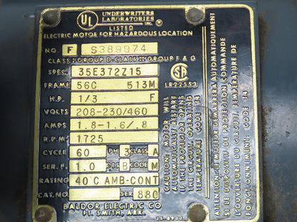 Baldor 35E372Z15 Electric Motor 1/3HP 1725 RPM 3PH 230/460V 56C