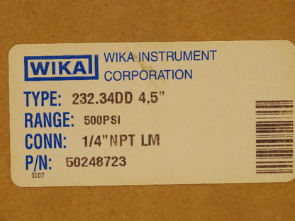 Wika 232.34DD 4.5" Pressure Guage 4-1/2" Dial 500 Psi 1/4" NPT Inconel Tube