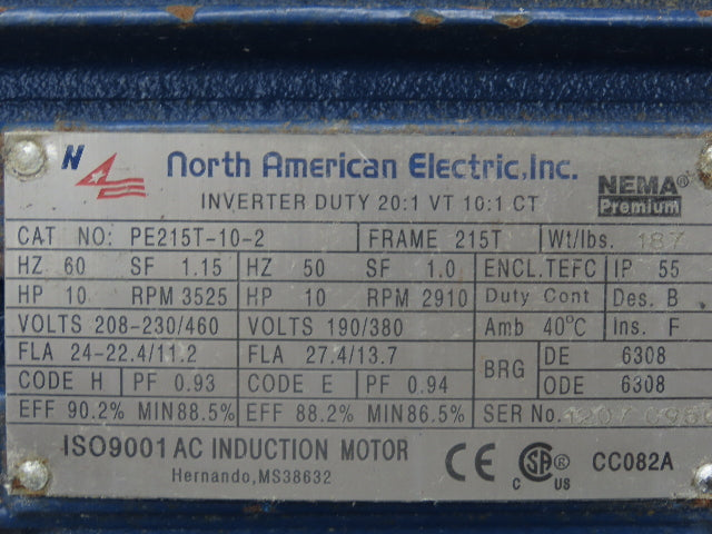 North American PE215T-10-2 Electric Induction Motor 10HP 3525RPM 230/460V 3PH