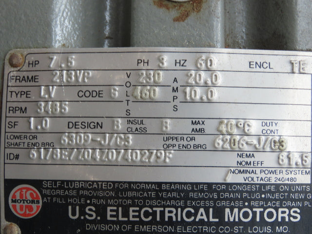 US Motors 6309-J/C3 Electrical Motor 7.5HP 3485 RPM 230V 3PH 213VP