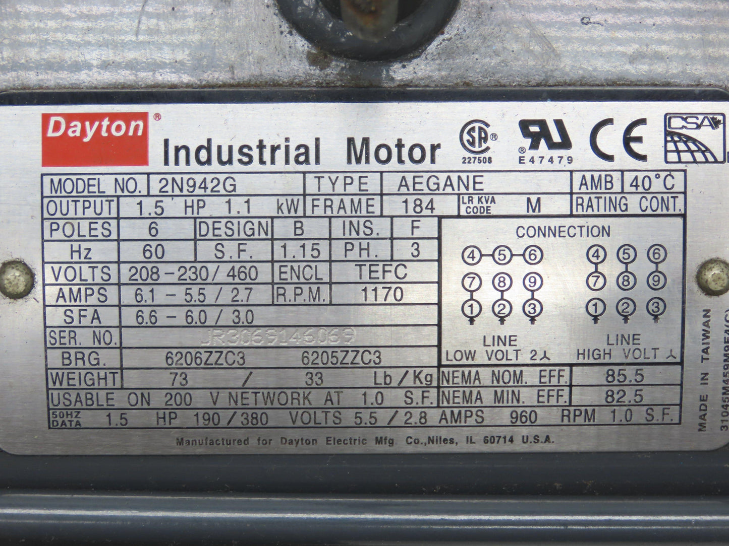 Dayton 2N942G Industrial Electric Motor 1.5HP 1170RPM 230/460V 3PH 184