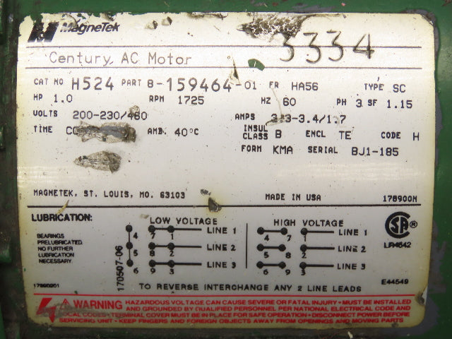 Magnetek Century H524 AC Electric Motor 1HP 1725 RPM 230/460V 3PH HA56