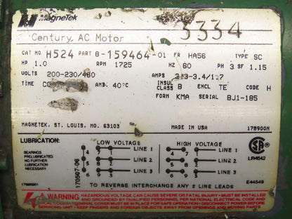 Magnetek Century H524 AC Electric Motor 1HP 1725 RPM 230/460V 3PH HA56