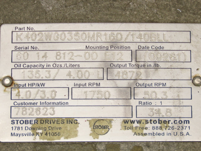 Stober K402WG0350MR160/140BLL Gearbox Speed Reducer Motor 4HP 50.3 RPM 34.8:1