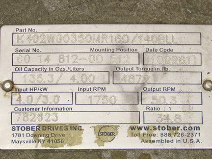 Stober K402WG0350MR160/140BLL Gearbox Speed Reducer Motor 4HP 50.3 RPM 34.8:1