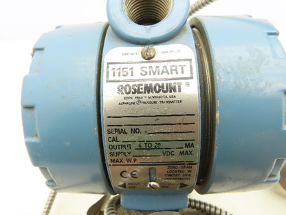 Rosemount 1151 Smart Pressure Transmitter w/Temp Sensor 750"H2O 45VDC 1/2"NPT