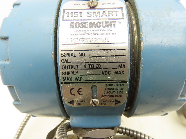 Rosemount 1151 Smart Pressure Transmitter w/Temp Sensor 750"H2O 45VDC 1/2"NPT