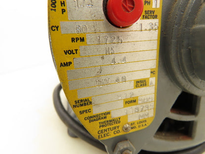 Century Stearns SP Electric Motor 1/4HP 1725 RPM 115V 1PH F48Y H44 Brake