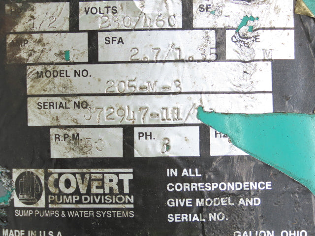 Covert 205M-3 Electric Water Pump Motor 230/460V 1/2HP 3450 RPM 3PH 1" NPT