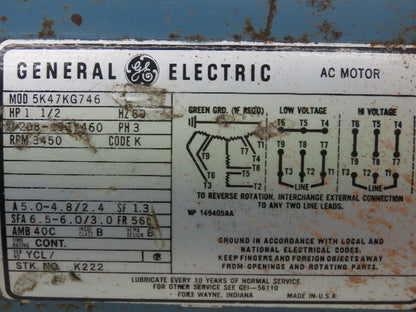General Electric 5K47KG746 Centrifugal Pump Motor 1-1/2HP 230/460V 3450RPM