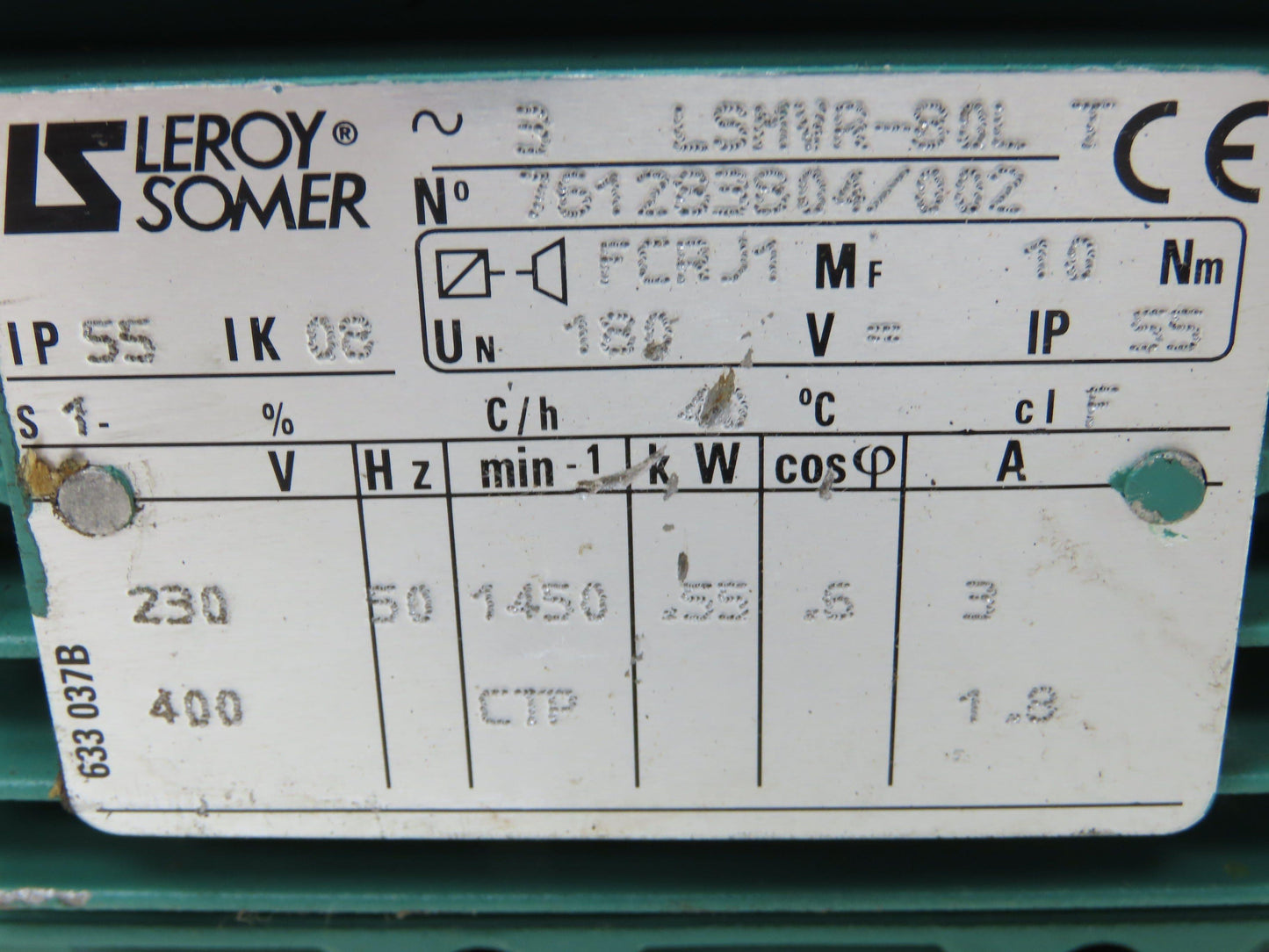 Leroy-Somer LSMVR-80L Gearbox Speed Reducer Motor 38.9:1 36.8 RPM 230/460V .55kW