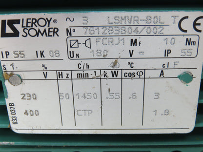 Leroy-Somer LSMVR-80L Gearbox Speed Reducer Motor 38.9:1 36.8 RPM 230/460V .55kW