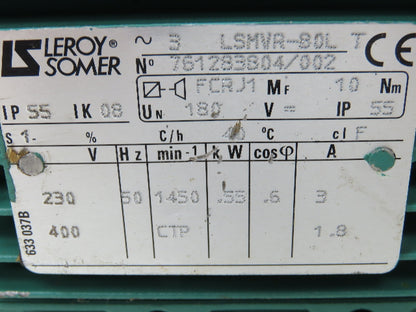 Leroy-Somer LSMVR-80L Gearbox Speed Reducer Motor 38.9:1 36.8 RPM 230/460V .55kW