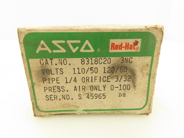 Asco 8318C20 Red Hat 1/4" Solenoid Valve 100PSI 120V Coil Air Only