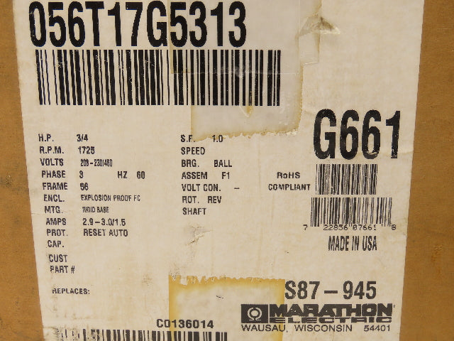 Marathon 56T17G5315E Explosion Proof AC Motor 3/4Hp 1725 RPM 230/460V 3PH 56 Fr