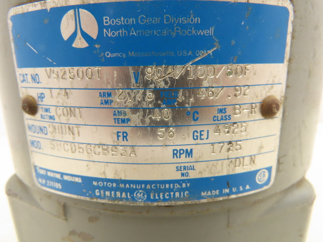 Boston Gear V92500T DC Motor 1/4Hp 1725RPM 90/100/50F 56 Frame Direct Current