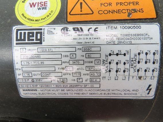 WEG Howden 5036ES3EB56CFL Cast Aluminum Pressure Blower 230/460V 3470 RPM 9" Fan