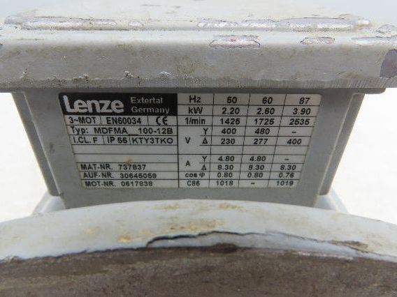 Lenze MDFMA 100-12B  AC Motor 2.6kW 3.5Hp 1725 RPM 277/480V 3PH IEC Frame
